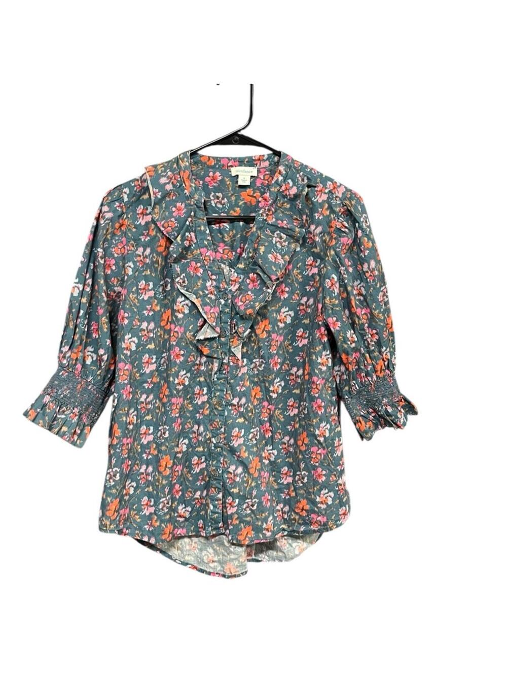 Sundance Floral Ruffle Blouse Women’s Small Boho Smocked Sleeve Button Front